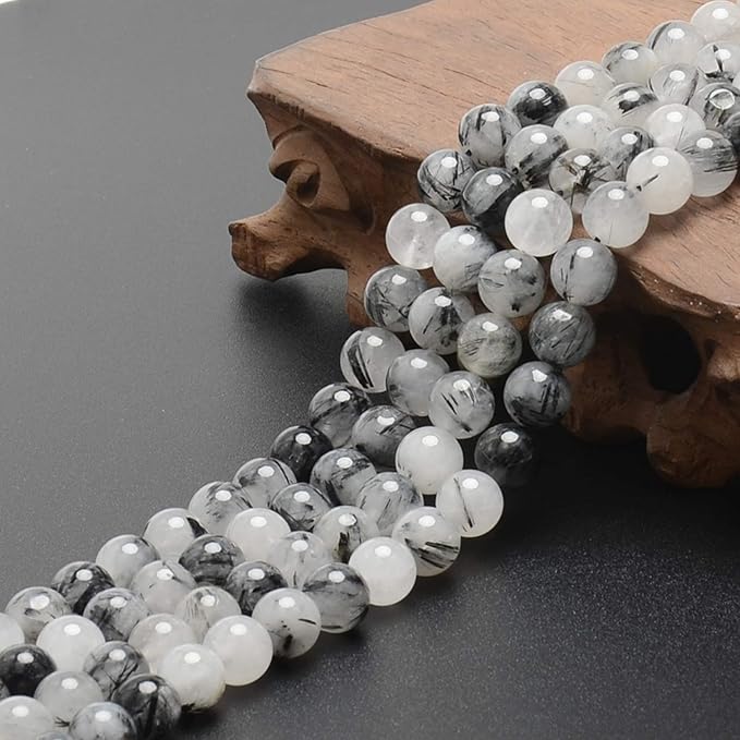 LPBeads 100pcs Polished 8mm Round Natural Black Rutilated Quartz Gemstone Loose Beads with Stretch Cord for Jewelry Making Bracelets