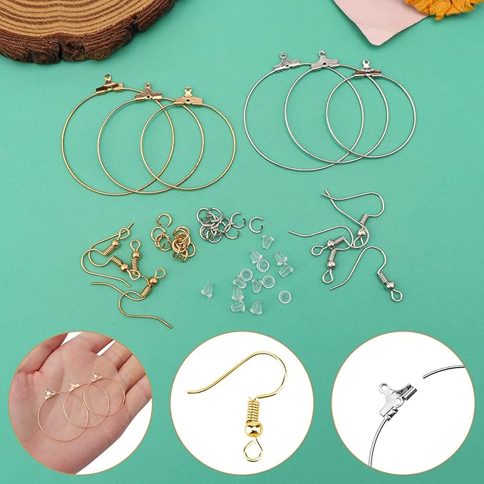 360pcs earring making kit jewelry making supplies bulk with round beading hoop earring finding,earring hooks,jump rings,earring backs for diy craft earring jewelry making(k gold,white k)