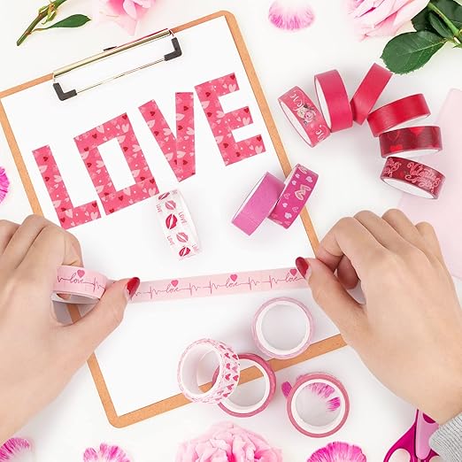 Pink Decorative Tape Set 20 Rolls Heart Floral Washi Tape Aesthetic DIY Valentines Masking Tape for Kids Craft Notebook Scrapbooking & Stamping Supplies