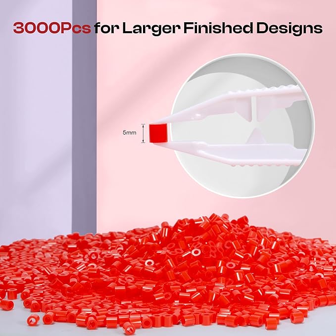 Caydo 3000PCS 5mm Red Fuse Beads, Craft Kit for Kids & Adults, DIY Pixel Art Projects, Durable Plastic Jar with Storage for Jewelry, Keychains, and Creative Crafts