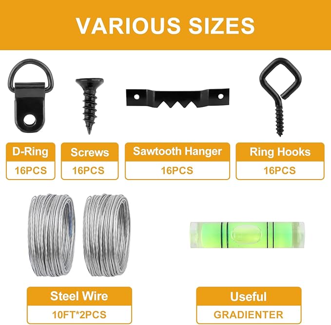 KURUI 303Pcs Picture Hangers for Wall Art Decor Tapestry, Picture Hanging Kit With Heavy Duty Wall Hooks, Sawtooth, Picture Wire, D Rings, Hardware Nails, Eye Hooks, Black Frame Hooks for Drywall Wood