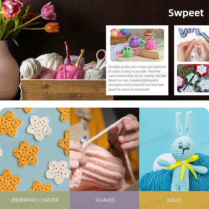 Swpeet 51Pcs Crochet Yarn Kit, Including 32Pcs Multicolor Acrylic Yarn Skeins, 10Pcs Stitch Markers, 6Pcs Plastic Knitting Needle, 2Pcs Crochet Hooks and 1Pcs Bag for Crocheting and Knitting