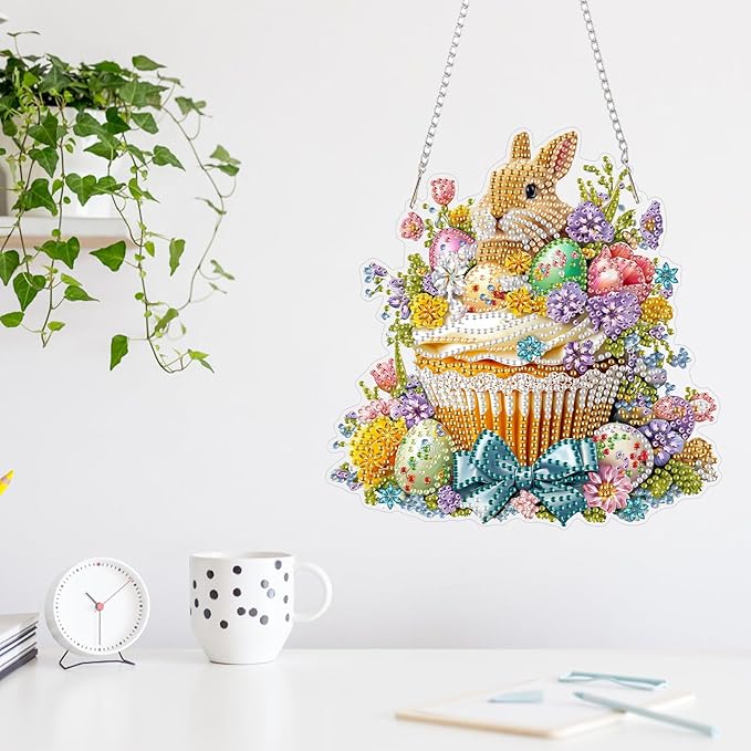 MAXBYE Easter DIY Diamond Art Kits for Adults Hanging Pendant Bunny in a Bamboo Basket, Painting Diamond Gem Art Hanging Kits for Beginners Gift Window Wall Door Decoration 8×12Inch