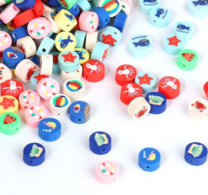 200PCS Polymer Clay Ocean Animal Beads - 10mm Mixed Colorful Flat Round Beads Spacer Kit for Jewelry Making DIY Bracelet Necklace