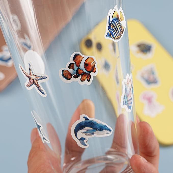 1000pcs ocean animal stickers roll, 2 rolls, 10 styles cartoon sea creature stickers, whales, octopus, sharks, jellyfish, clownfish, shells & fish decals for classroom rewards