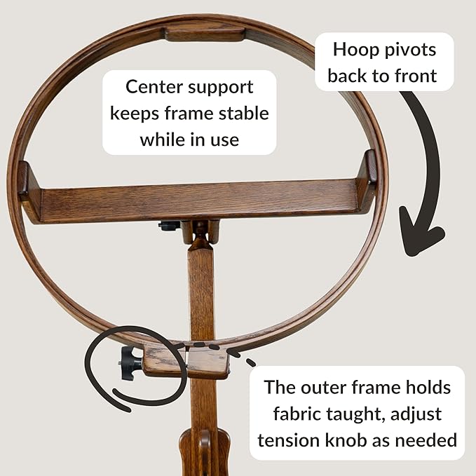 dutchcrafters solid oak wood 22 inch round extra large tilting quilt hoop with stand, quilting frame for hand quilting - amish made in america (michael's cherry)