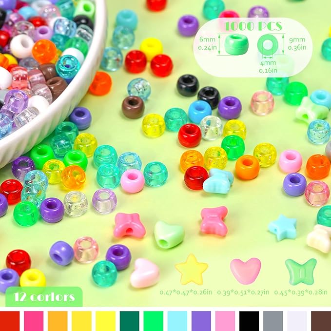 1000+PCS Assorted Pony Beads for Bracelets, 9mm Acrylic Rave Kandi Bead Bulk with Cute Heart Star Butterfly Fun Shaped Beads for Hair Braid Keychain Charms Jewelry Making DIY Crafts