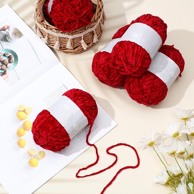 Amylove 6 Rolls Soft Velvet Chenille Yarn for Crocheting 1182 Yards Polyester Blanket Fuzzy Thick Yarn for DIY Knitting Bulky Weaving Crafts, 197 yd, 3.53 oz Each Roll(Red)