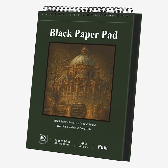 fuxi black sketchbook 11x14 inches, 60 sheets (90lb/150gsm), hard cover spiral bound | black paper pad for illustration & art class, professional artist sketch book for adults & students.