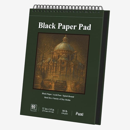 fuxi black sketchbook 11x14 inches, 60 sheets (90lb/150gsm), hard cover spiral bound | black paper pad for illustration & art class, professional artist sketch book for adults & students.