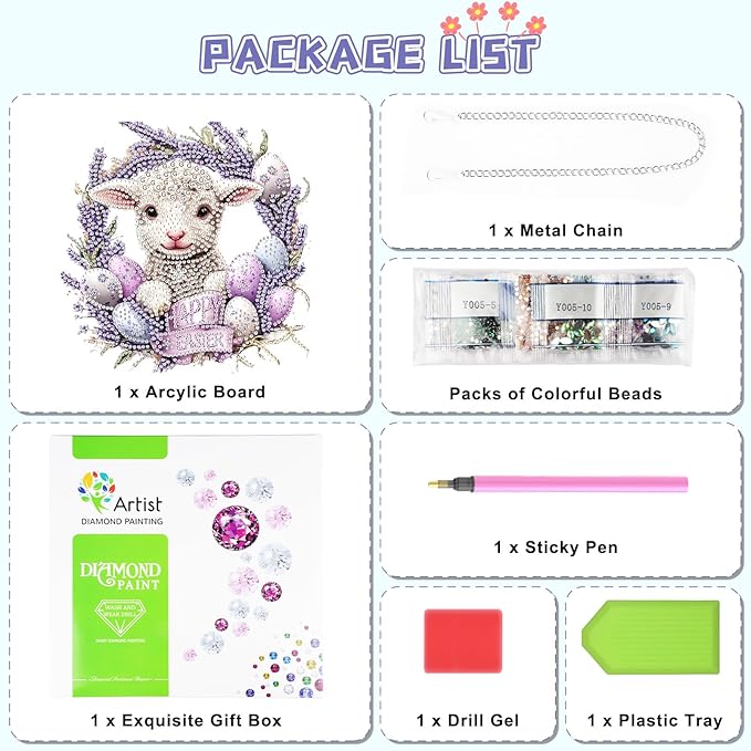 KEYIFA Easter Diamond Painting Kit, DIY Lamb Diamond Art for Adults, Diamonds Pendant Special Shaped Rhinestone Window Hanging Ornaments Home Garden Wall Door Decoration, 20cm Width