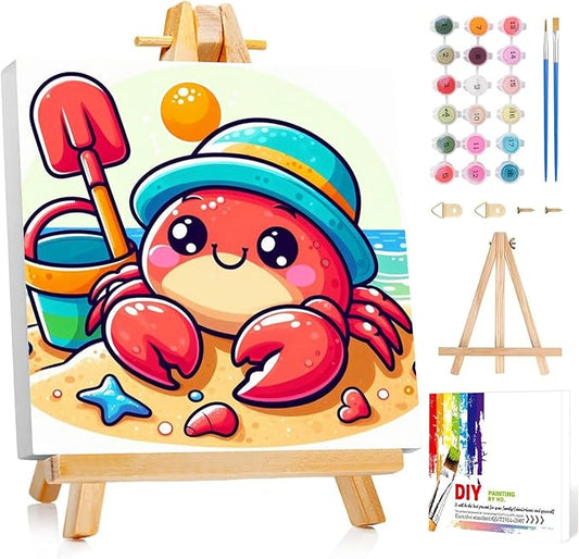 Reivworl Paint by Numbers Kit for Kids with Frame and Easel, Crab Paint by Number for Kids Age 6-8-12, Paint by Numbers Kits for Gifts and Home Decor - 8X8Inch