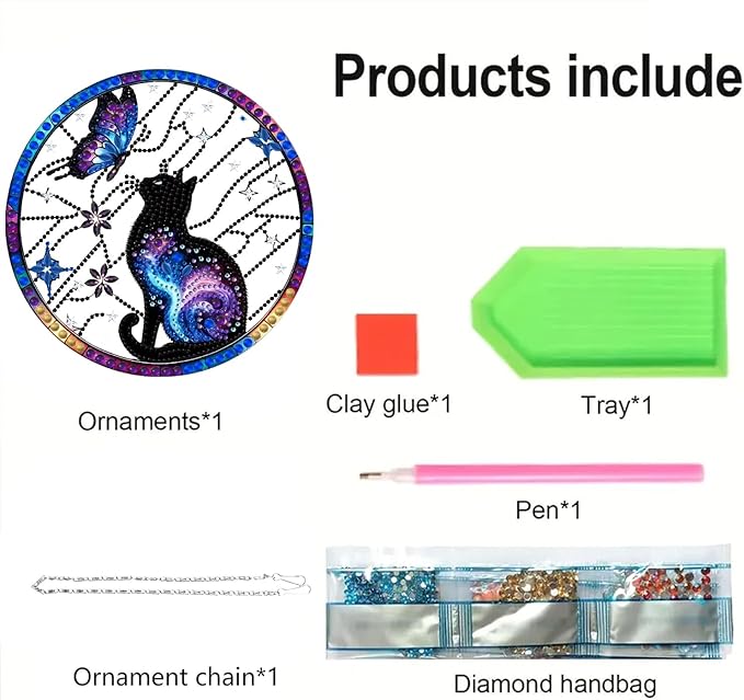 STGLCR DIY Hanging Diamond Art Pendant Painting Kit Cat Wreath, Acrylic Diamond Art Board Butterfly Ornament for Adults Painting Pendant Ornament for Home Wall Decor 7.87inch Aurora