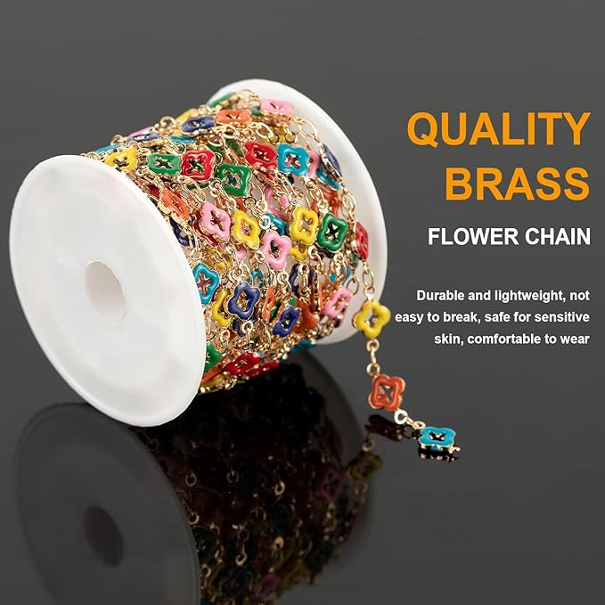 KYUNHOO 3M Four Leaf Clover Jewelry Making Chains Gold Plated Brass Chain Roll Multicolored Oil Drip Flower Necklace Chain Bulk Jewelry Findings