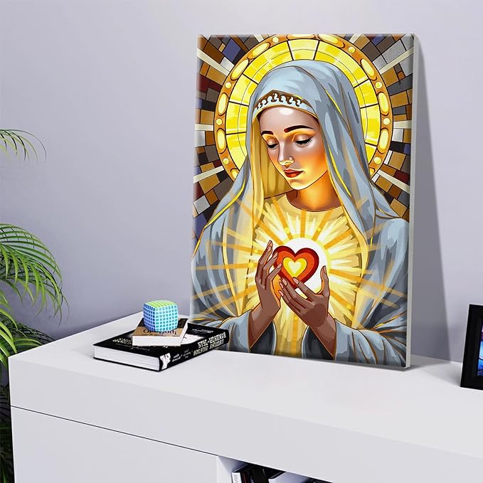JOOZ Virgin Mary Paint by Numbers Kit for Adults with Frame Religion Paint by Number with Easel Adult Paint by Number Kits Framed Canvas Oil Painting Kits for Home Wall Decor 8x12 Inch