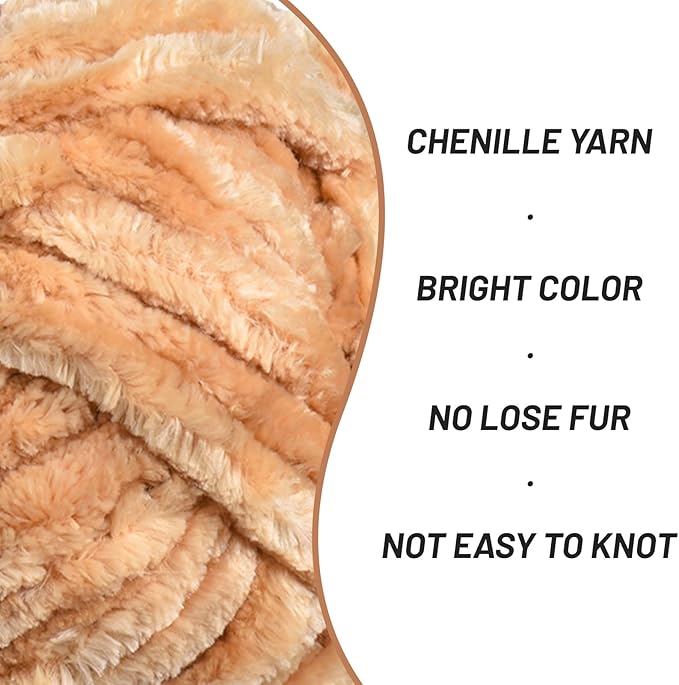 Fuzzy Chunky Chenille Yarn for Crocheting，Soft Plush Yarns for Hand Knitting，Bulky 3x100g（3x49.2 yd） Baby Blanket Yarn for Crocheting Amigurumi，Crochet Fluffy Velvet Yarns (Khaki)