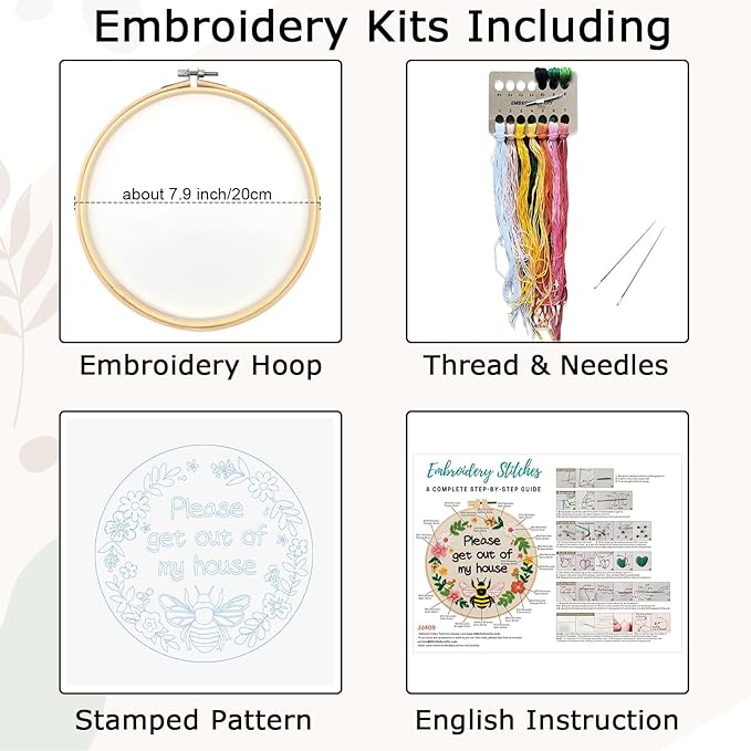 Nuberlic Funny Bee Embroidery Kits for Beginners, Please Get Out of My House Embroidery Kit for Adults- Easy Cross Stitch Starter Kit with Printed Fabric, Hoop, Needles Instruction and Threads