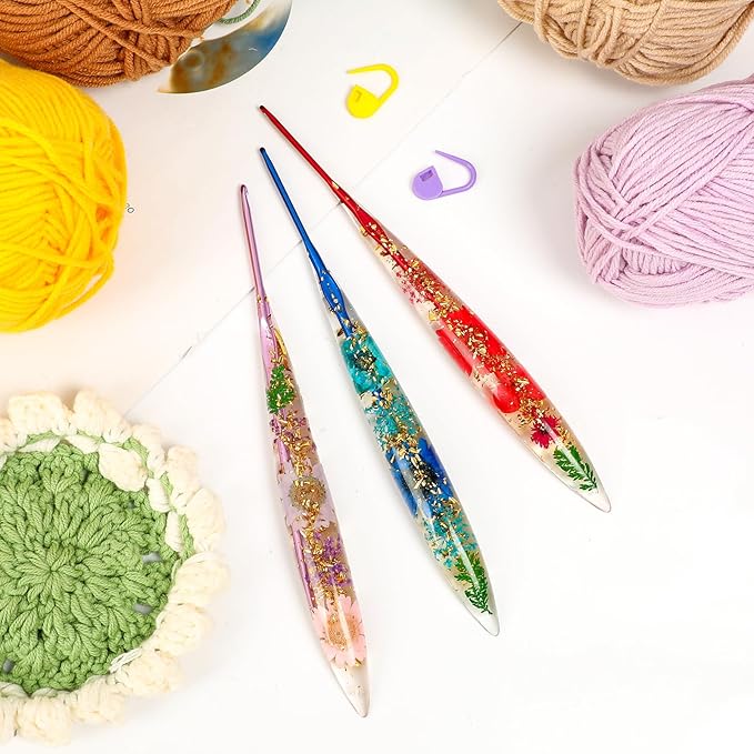 KOKNIT Ergonomic Crochet Hooks Set - 3 Sizes with Floral Resin Handles for Arthritis & Beginners, Comfort Grip for Hand Pain, Extended Soft Handle Design (Multicolor, 2-2.5-3mm)