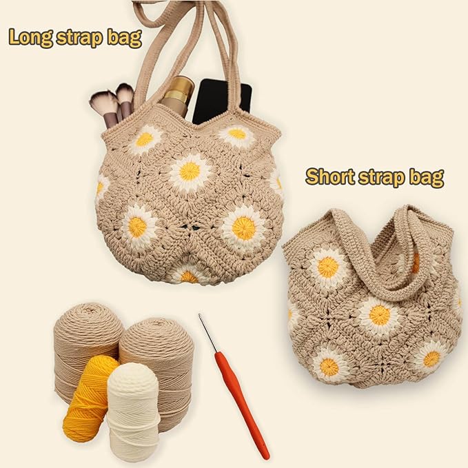 Uongeod Crochet Kit for Beginners Daisy Tote Bag DIY Granny Square Knitting Kits of Daisy Tote Bag with Step-by-Step Video Tutorials Crochet Kit Beginners for Adults