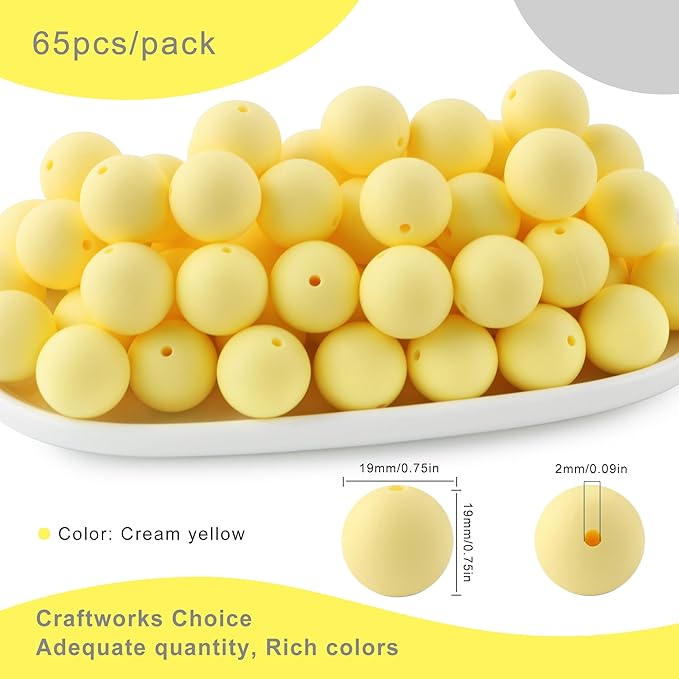 65Pcs 19mm Silicone Beads for Keychain Making Bracelet Necklace, Bulk Round Silicone Beads for Pens(Cream Yellow