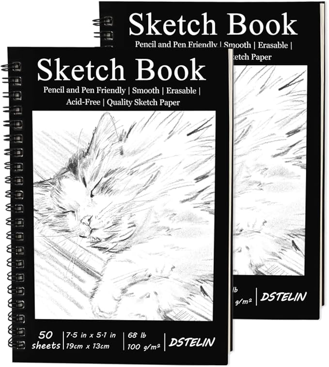 DSTELIN 2 Pack Spiral Bound Sketchbooks (100 GSM Sketch Paper), 50 Sheets per Pack, 7.5" x 5.1" Sketchbook with Black Hard Cover for Painting, Drawing and Sketching