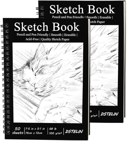 DSTELIN 2 Pack Spiral Bound Sketchbooks (100 GSM Sketch Paper), 50 Sheets per Pack, 7.5" x 5.1" Sketchbook with Black Hard Cover for Painting, Drawing and Sketching