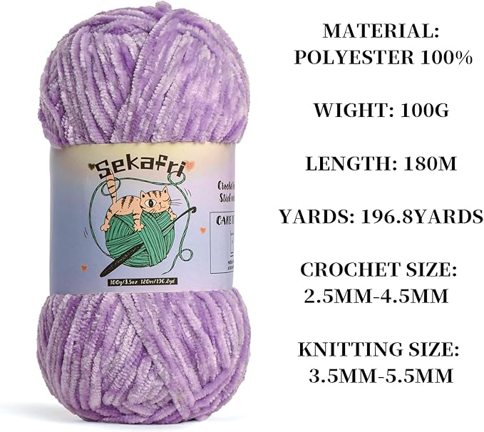 Fuzzy Chenille Yarn for Crocheting, Fluffy Amigurumi Crochet Yarn for DIY Craft/Hat/Shoes, (100g/197yds) Soft Velvet Baby Blanket Yarns（Light Purple）