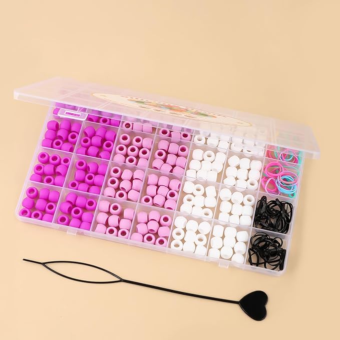 AD Beads 216PCS 6x9mm Soft Pony Silicone Beads for Hair, Purple Series with 80 Elastic Bands, Tool and Storage Box Kit for Braids, Bracelet, Crafts.