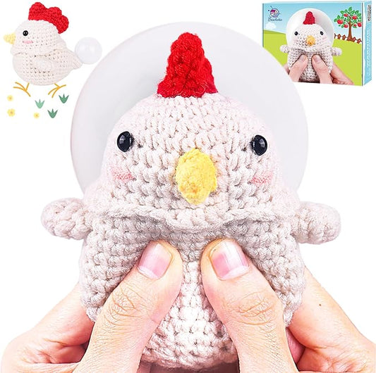 Crochetta Crochet Kit for Beginners, Squeeze Bubble Amigurumi Crocheting Kits w Step-by-Step Video Tutorials, Knitting Starter Supplies for Adults Kids, Anxiety Relief Bubble Chicken (40%+ Yarn)