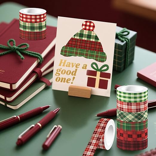 12 Rolls Basic Grid Washi Tape, Buffalo Plaid Red Black Green Holiday Masking Tapes, Plaid Decorative Tapes for Arts, DIY Crafts, Journals, Planners, Scrapbook, Wrapping 16.4FT