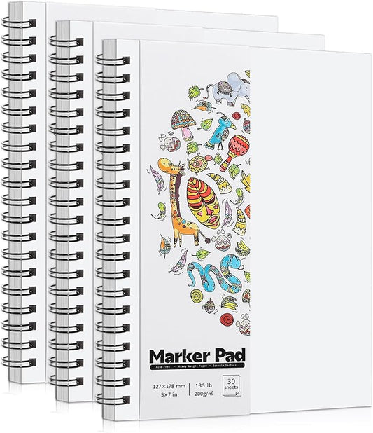 3 Pack Marker Paper Pad, 5×7in Double Sided Bleedproof Sketch Pad, 135lb/200gsm Art Spiral Sketchbook, Smooth Painting Coloring Alcohol Marker Paper for DIY, Ideal Gifts