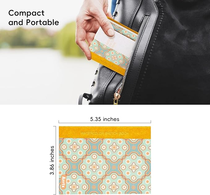 Arrtx Watercolor Sketchbook,100% Cotton Acid-Free 140lb/300gsm Hot Press Hardcover Watercolor Journal Notebook,20 Sheets 5.35 x 3.86 inches