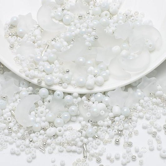 Mixed Star Moon Crystal Glass Beads Seedbeads Loose Round Pearl Beads for Jewelry Making Craft Bracelets Necklaces Earrings DIY Crafts Projects White Glass Spacer Bead Kits for Crafts