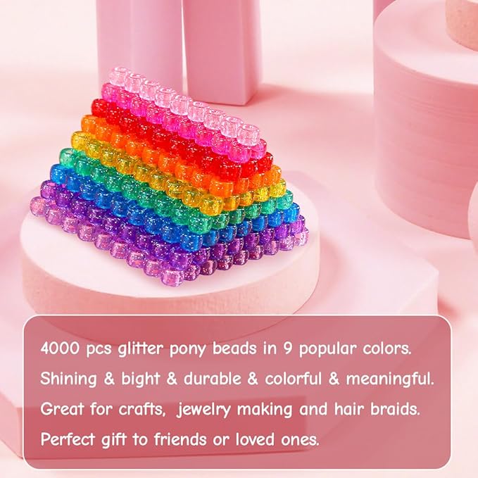 praisebank pony beads, 4000pcs glitter color, beads for jewelry making, beads for crafts, beads for hair braids.