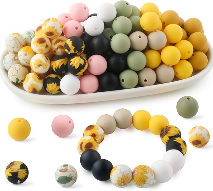 70Pcs Print Silicone Beads for Keychain Making,Round 15mm Silicone Beads for Pens, Necklace and Bracelets Making（Floral Print）