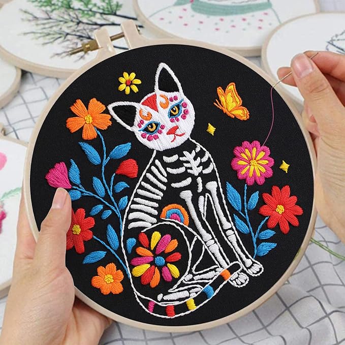 louise maelys 3 sets halloween embroidery kits for beginners,cross stitch kit for adults,diy starters needlepoint with skull flowers pattern,including instruction