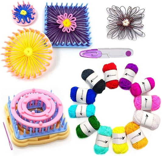 Knewmart Weaving Loom Kit, 8pcs Flower Maker Wool Knitting Ball Maker Weaving Tools Knitting Craft Weaver Loom - with Needle (Flower Maker + Yarn +Scissors)