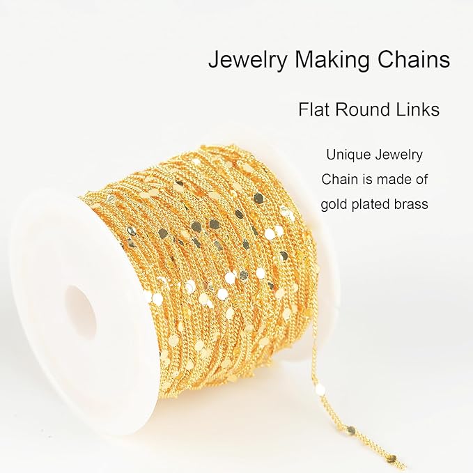 Jabogrii 32.8 Feet 18K Gold Plated Brass Jewelry Making Chains Flat Round DIY Necklace Bracelet Chain for Jewelry Making