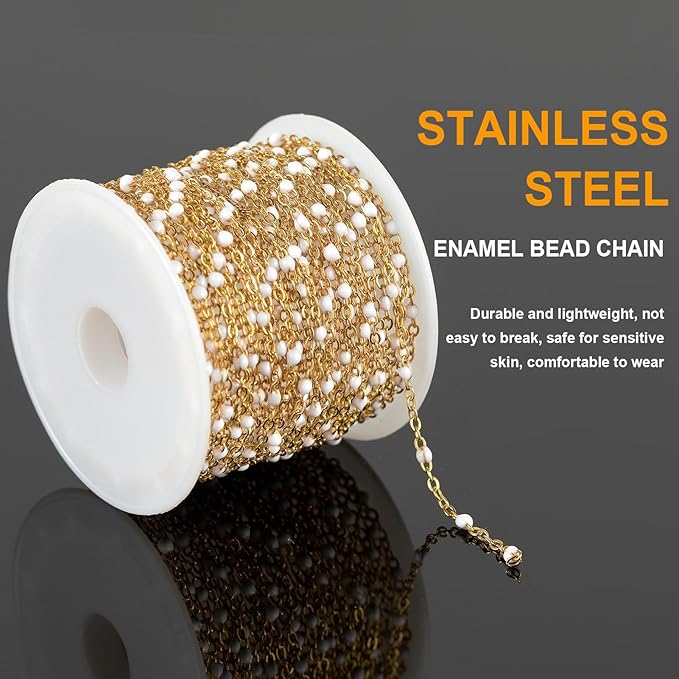KYUNHOO 16.4 Feet/5M Stainless Steel Beaded Chain for Jewelry Making - Gold Plated Bulk Thin Cable Link With Findings for DIY Craft