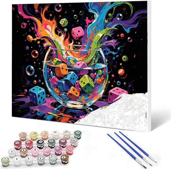 Dice Explosion Paint by Numbers for Adults Beginner Colorful Dice in Glass Bowl Oil Painting Kits on Canvas with Brushes and Acrylic Painting Crafts DIY Home Wall Decor 16X20 Inch (Frameless)