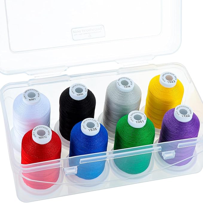 New brothread - 18 Options - Multi-Purpose 100% Mercerized Cotton Thread 50S/3 600M Each Spool for Quilting, Serger, Sewing and Embroidery - 8xClassic(Basic Color) with Clear Plastic Storage Box