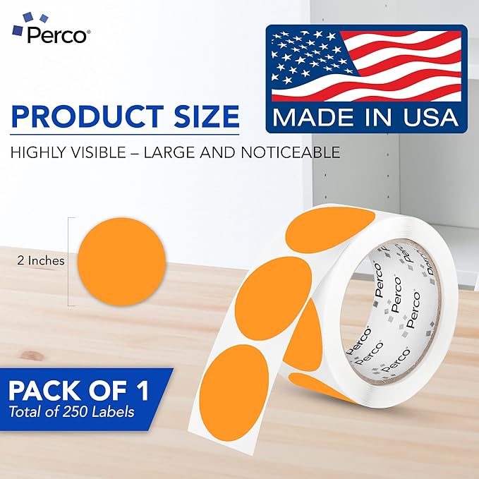 perco fluorescent orange 2-inch perforated circle dot sticker labels — 250 round stickers per roll — with permanent adhesive for organizing, color coding, bin labeling, packaging alerts — made in usa