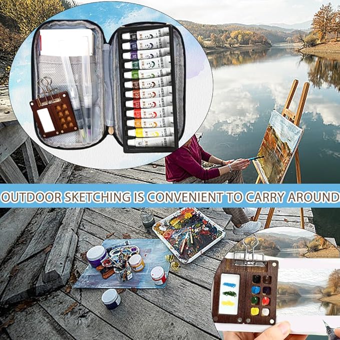 Watercolor Paint Set with Storage Bag Mini Watercolor Paint Kit for Travel Pocket Watercolor Set with 12 Colors Watercolor Painting Art Supplies with Easy Clean Wood palette Unique Creative Gift for Teens,Adults