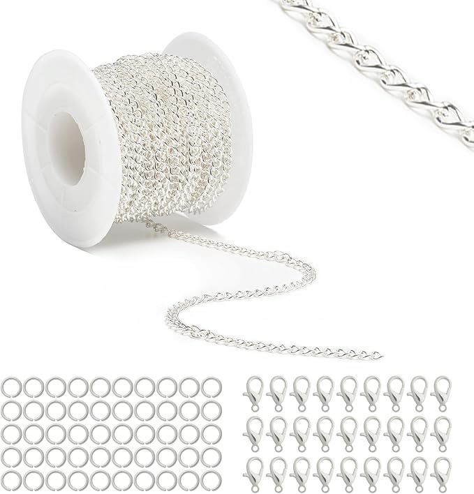 Lemonkey 33 Feet Metal Silver Necklace Chains Curb Links Chains Bulk for Jewelry Making DIY Craft Kit with Lobster Clasps Jump Rings
