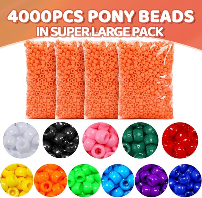 praisebank 4000pcs orange barrel plastic pony beads for jewelry making, crafts, hair braids