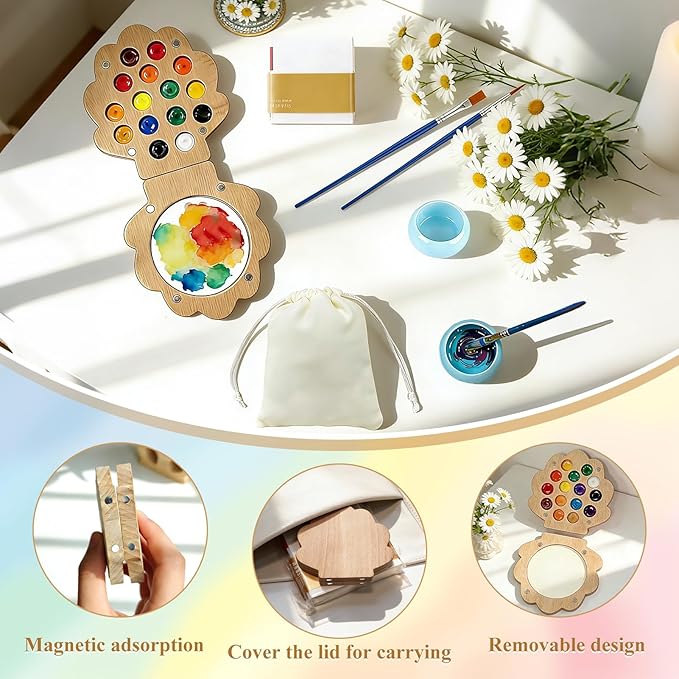 EVOCKAY Mini Watercolor Paint Palette with Clip Perfect for Artists, Painters & Students - Wooden Travel Kit 24 Colors-15 Grids（Shell-Shaped walunt）