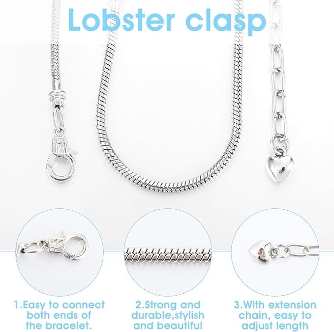 40 Pcs Snake Chain Charm Bracelet Adjustable Snake Charm Bracelet with Heart Lobster Clasp Extender Chain for Women Jewelry Making DIY Gifts Supplies