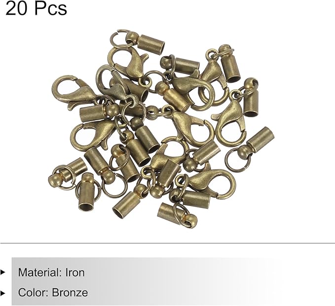 MECCANIXITY Fold Over Cord End Caps Bronze 3mm OD with Crimp Covers Lobster Claw Clasps DIY Jewelry Making for Bracelets and Necklaces Crafting 20 Pcs