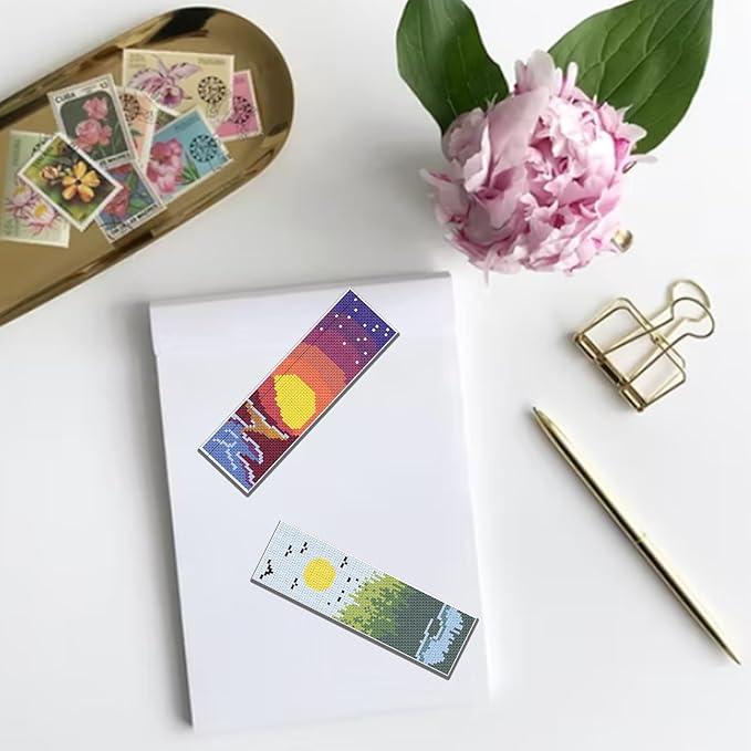 FREEBLOSS 6 Set Cross Stitch Bookmark Kit Scenery Pattern with 30 Colors Embroidery Floss DIY Bookmark Kit with Instruction Embroidery Kit for Beginners 8''x2.4''