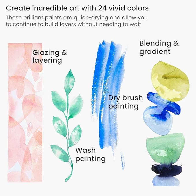ARTEZA Watercolor Paint Set, 24 Colors, 12 ml / 0.4 fl oz Tubes, Highly Pigmented Watercolor Paints for Washes, Layering, Blending, and Everyday Watercolor Techniques